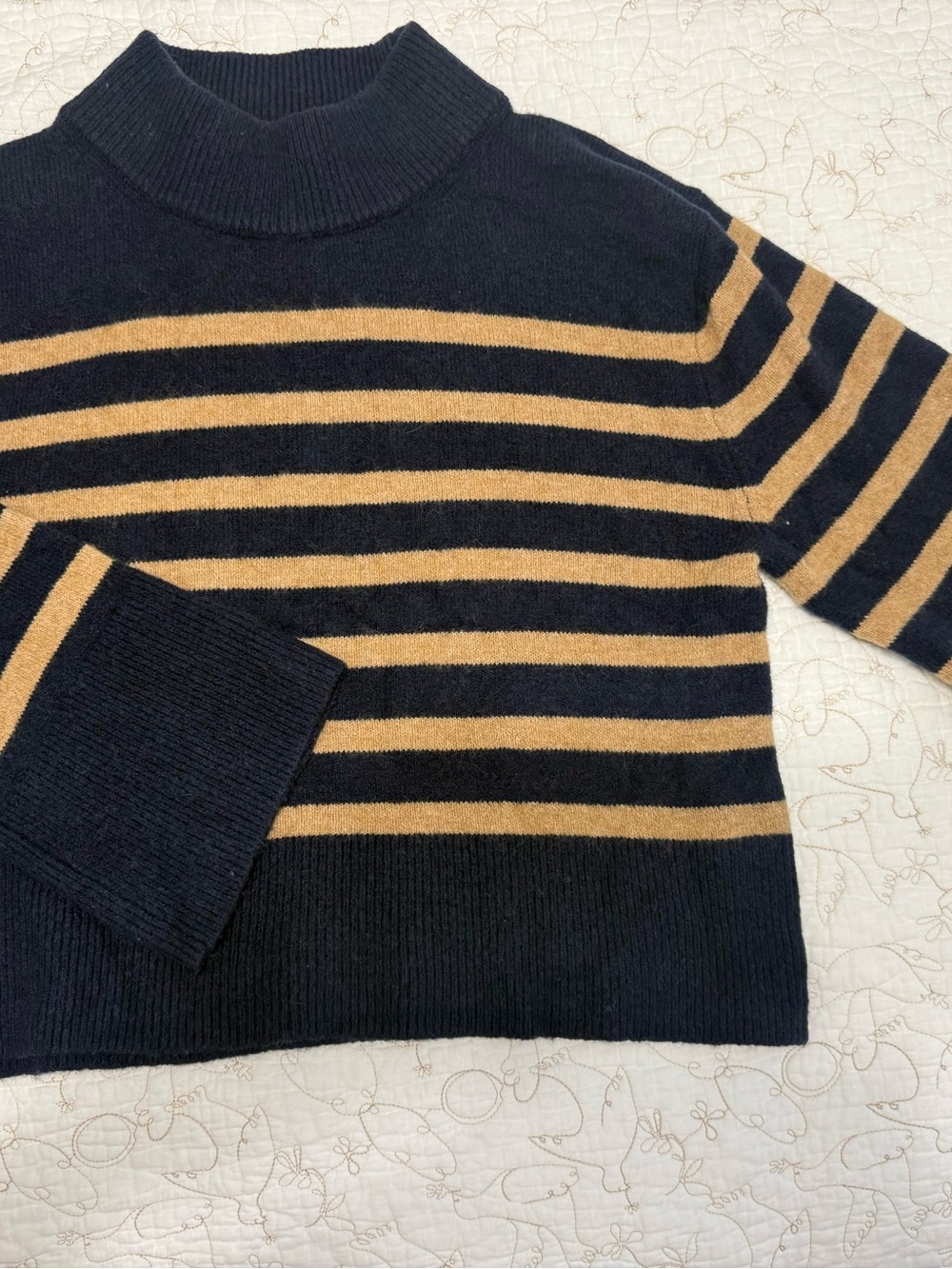 J crew wool blend Navy and Camel Striped Mock Neck Sweater